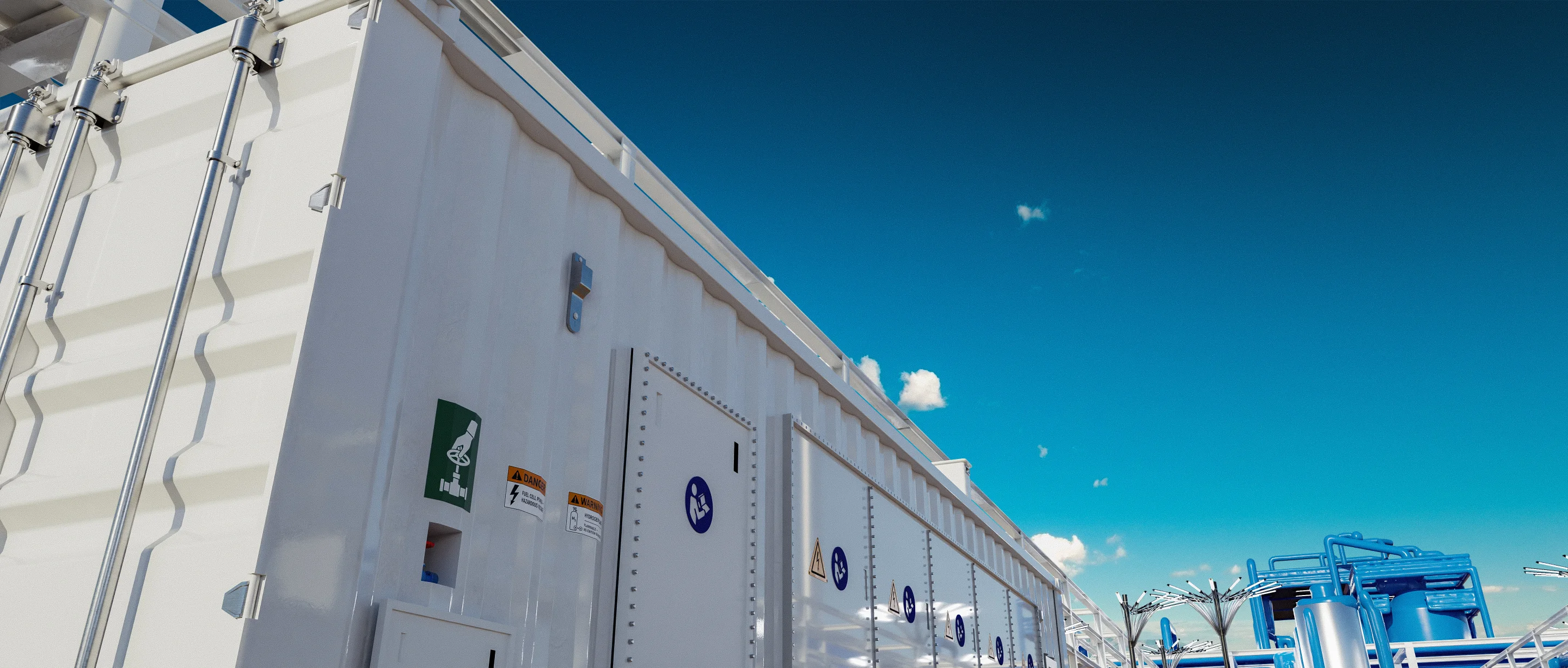 Render panorámico de las pilas de combustible de BaseBlue Power bajo un cielo azul