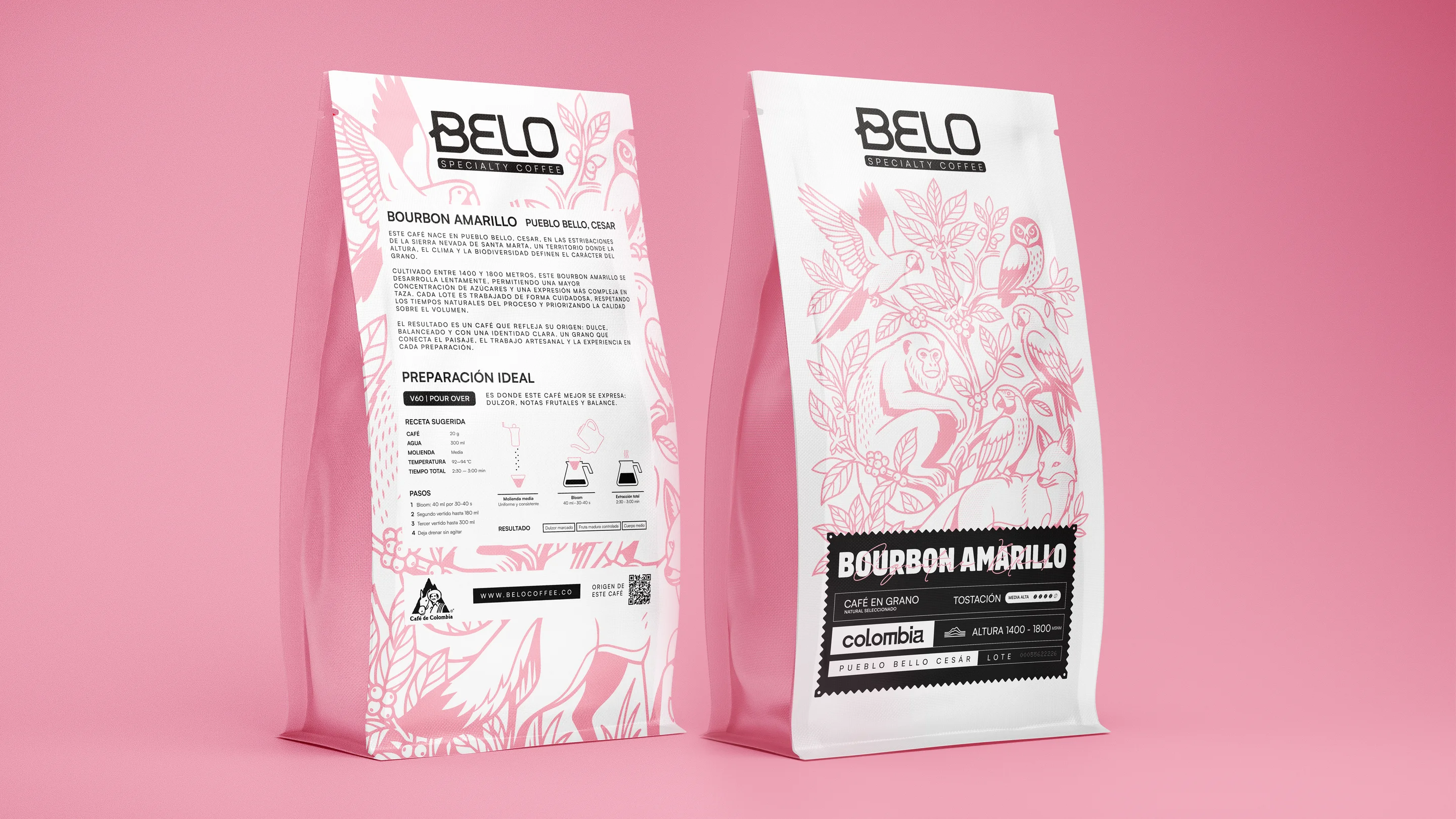Pair of Belo Bourbon Amarillo coffee bags on pink