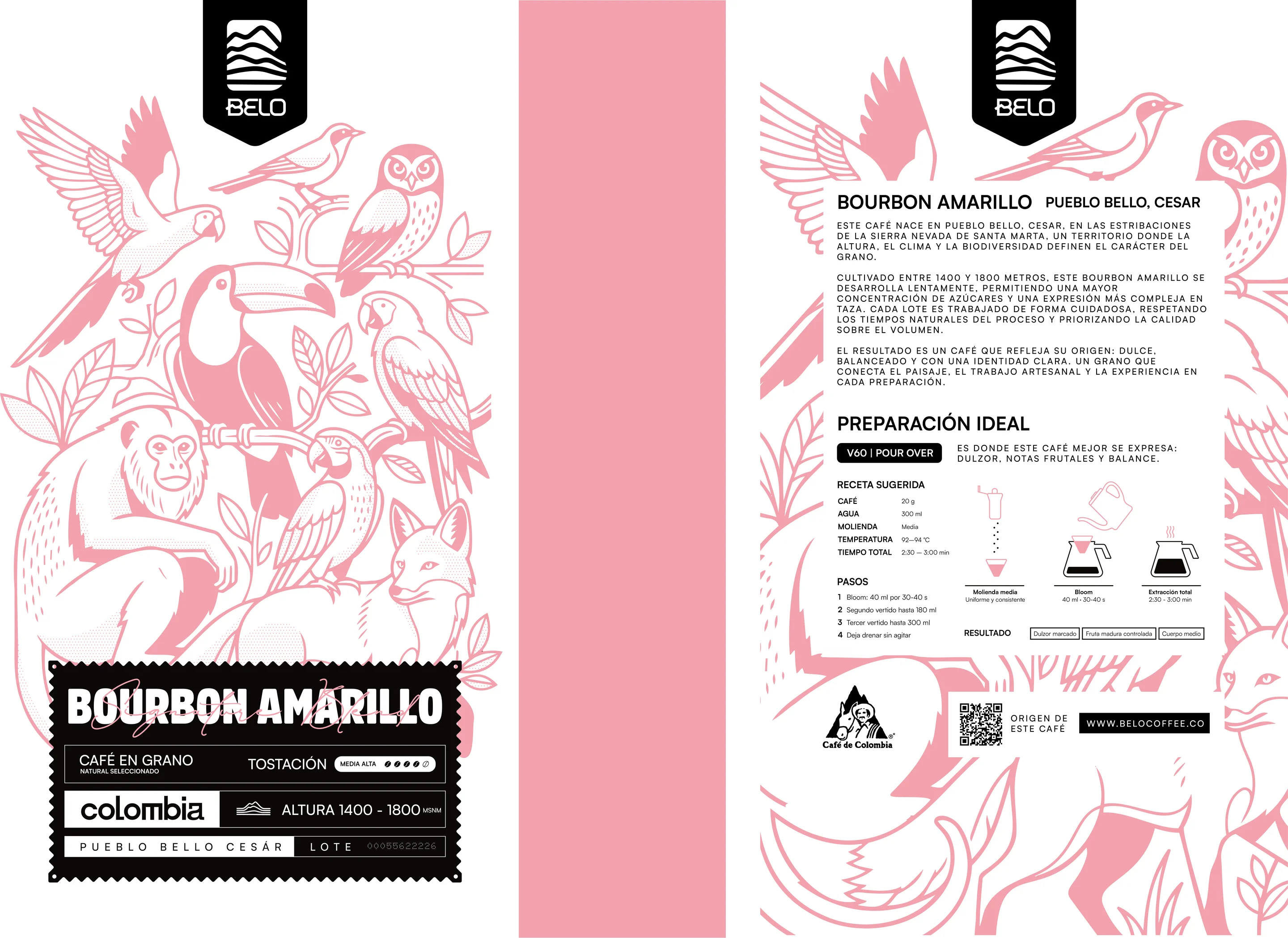 Belo Bourbon Amarillo coffee label laid flat with pink animal illustrations
