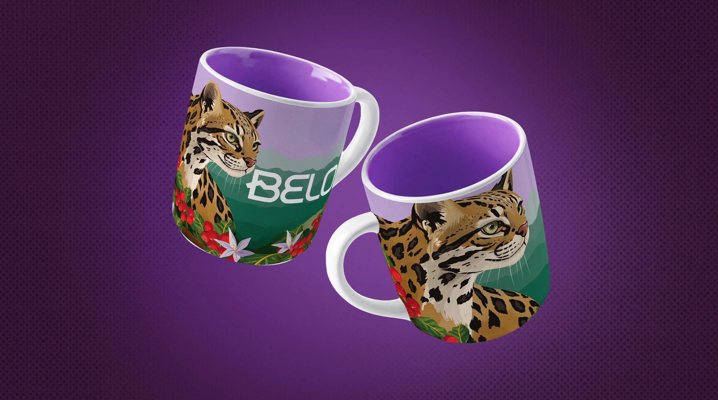 Belo mugs with the ocelot illustration