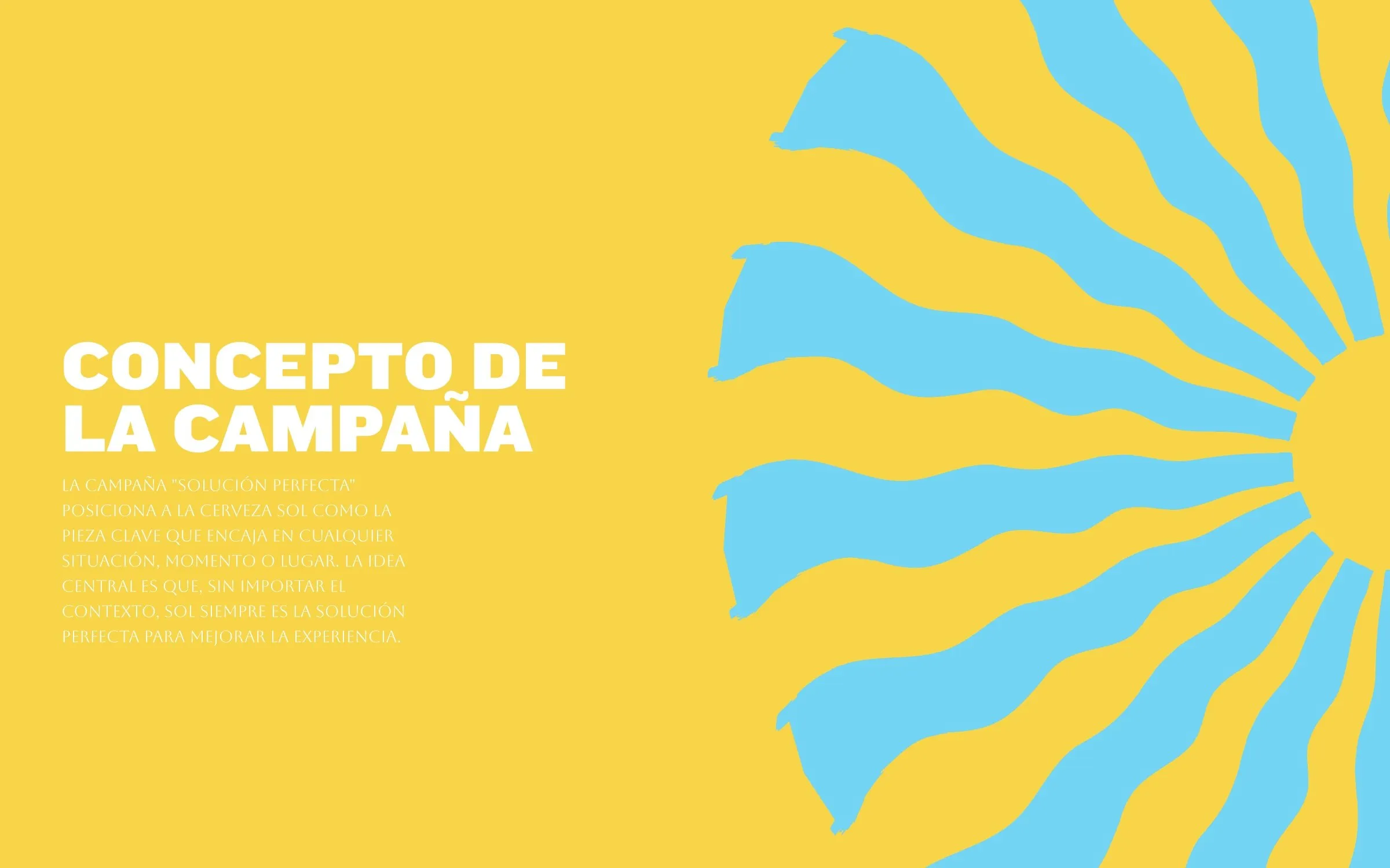 Cerveza Sol campaign concept slide with a yellow and blue sunburst