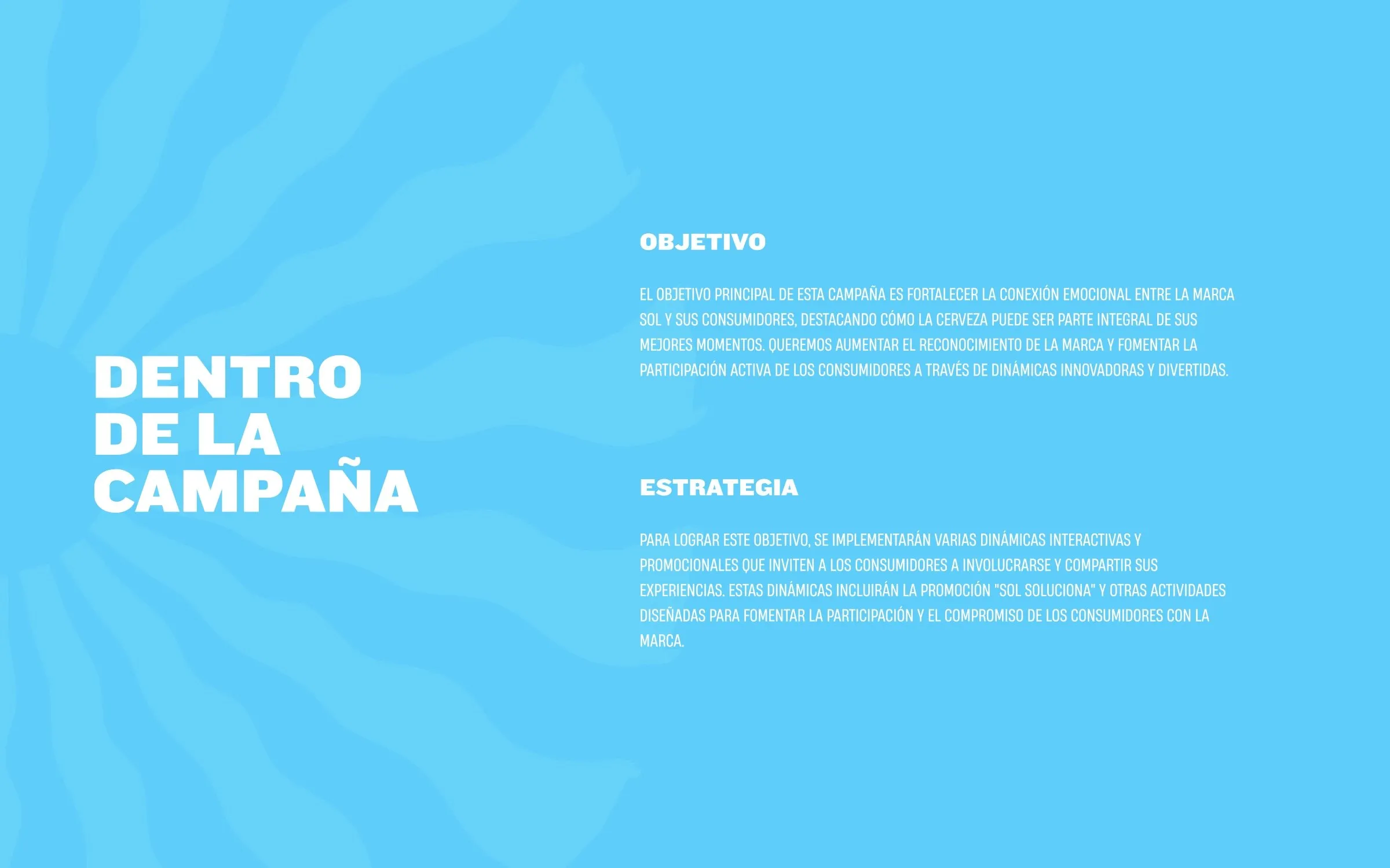 Cerveza Sol campaign objective and strategy slide on sky blue