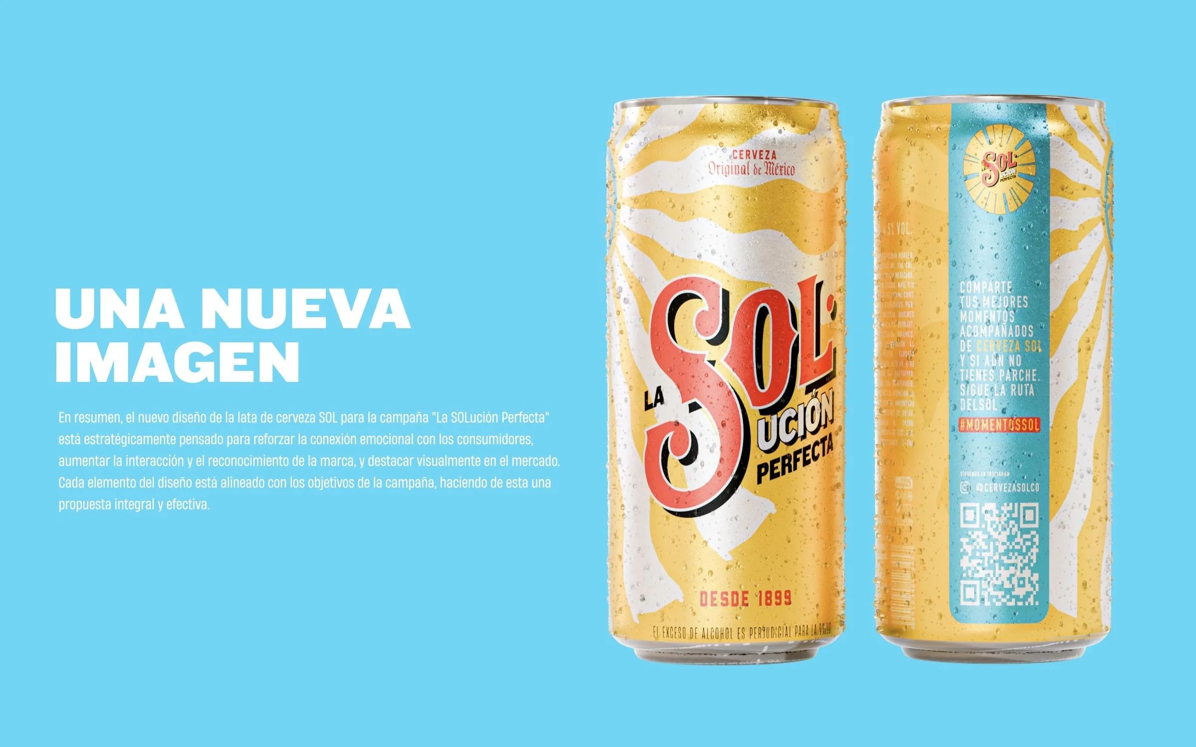 Redesigned Cerveza Sol cans, front and back, on sky blue