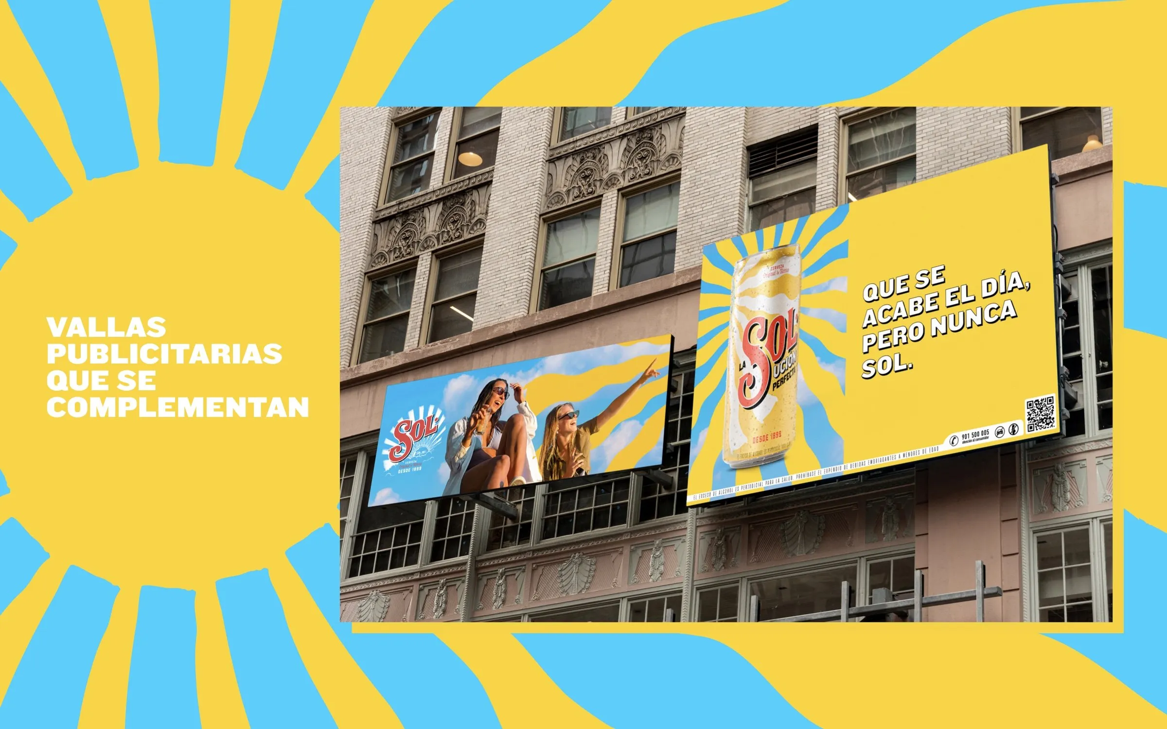 Pair of Cerveza Sol billboards on a city building facade