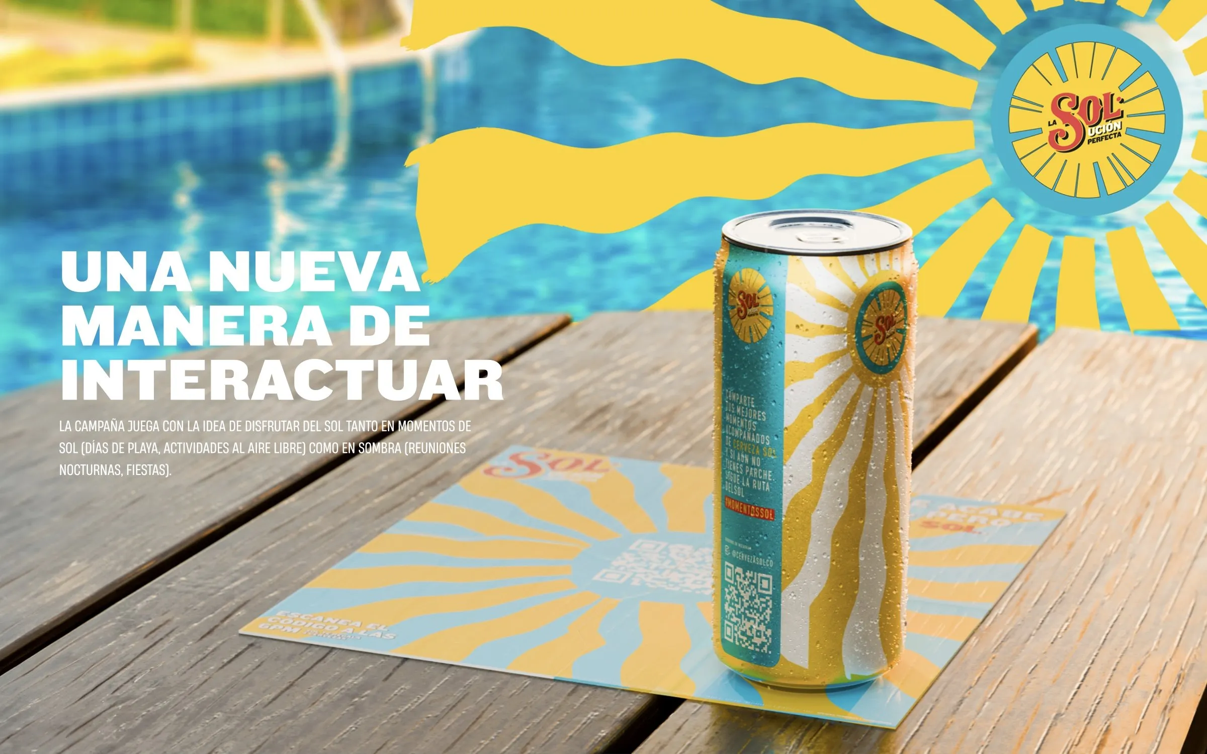 Cerveza Sol can on a coaster by a pool, part of the interactive promotion