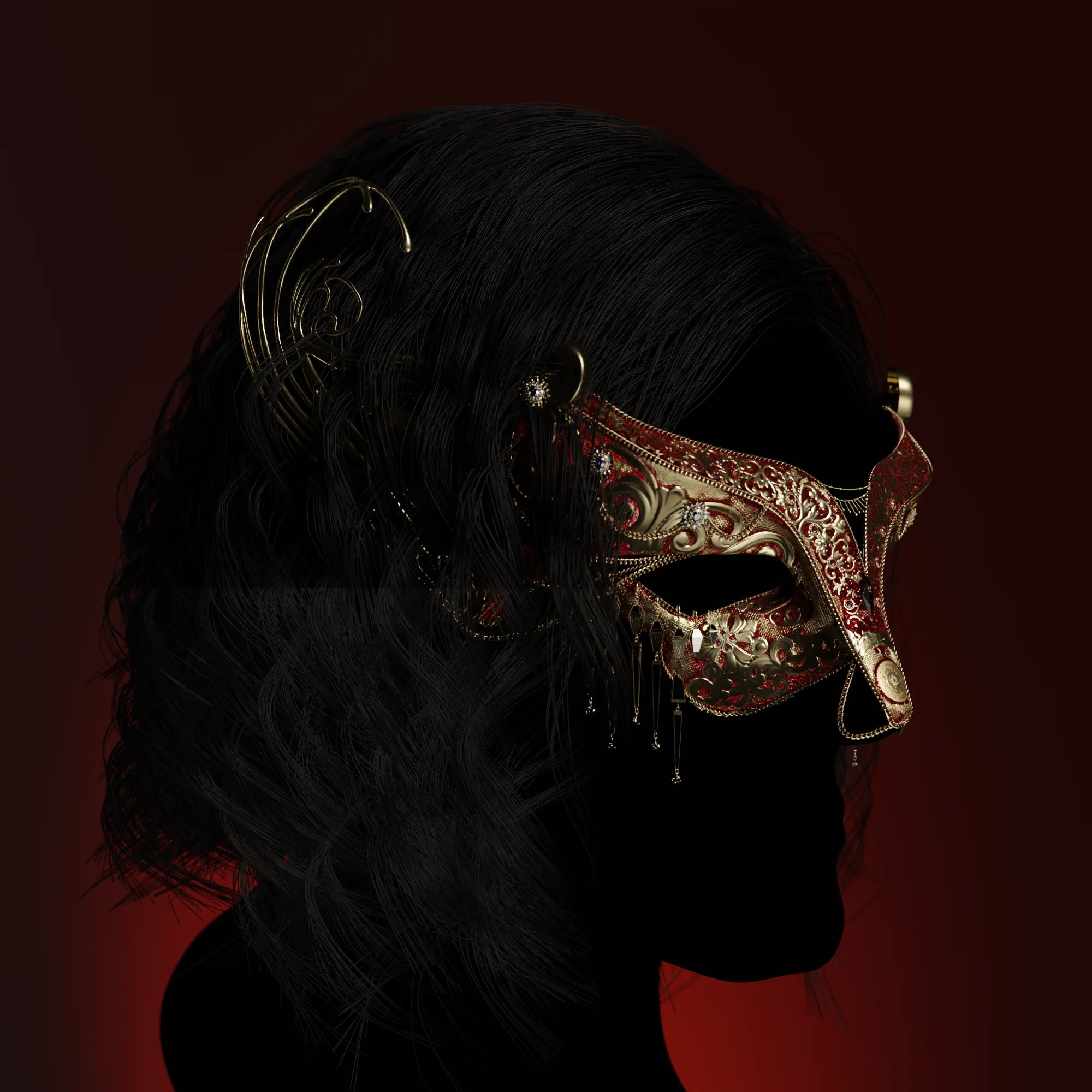 3D mask in profile on a red background