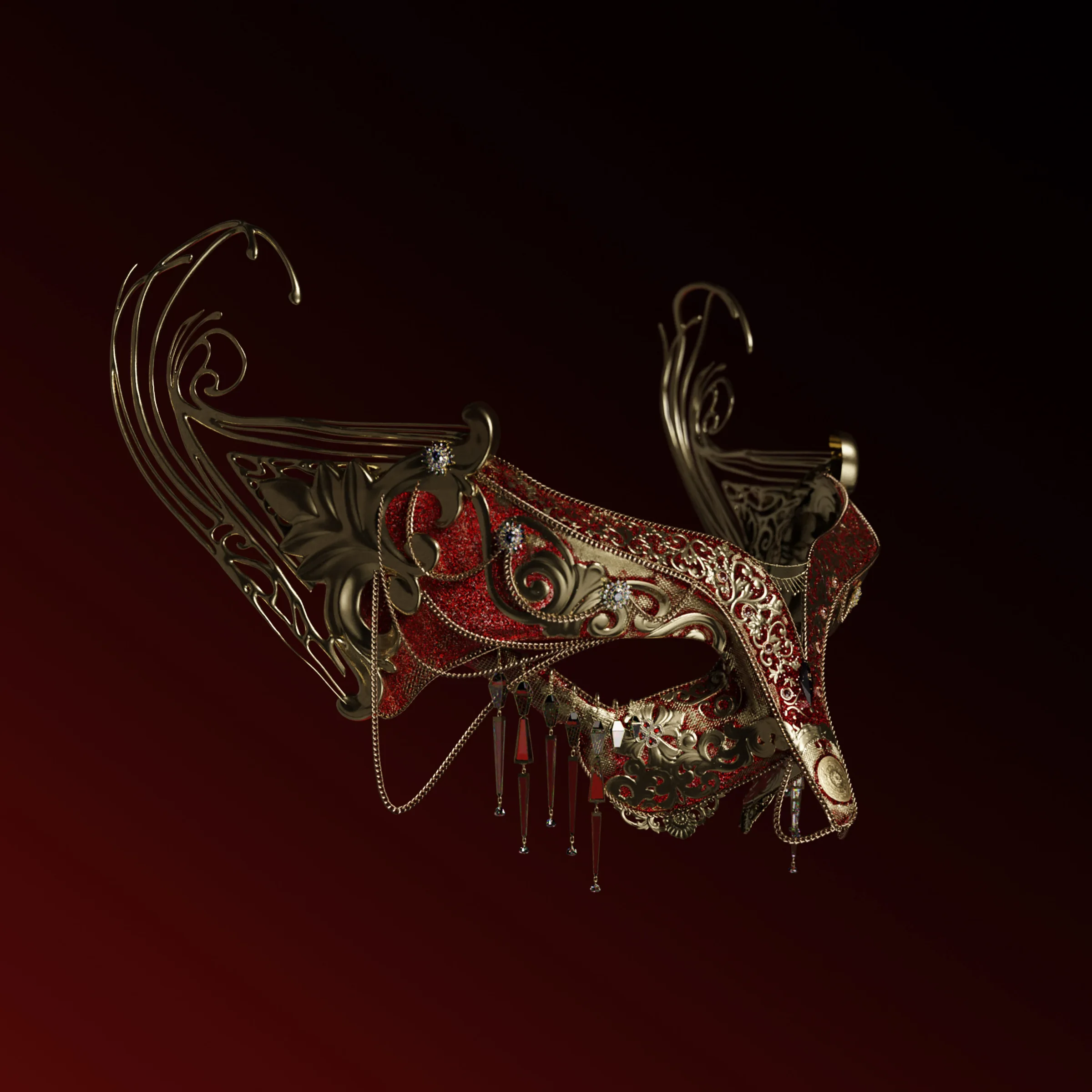 3D mask render on a red background