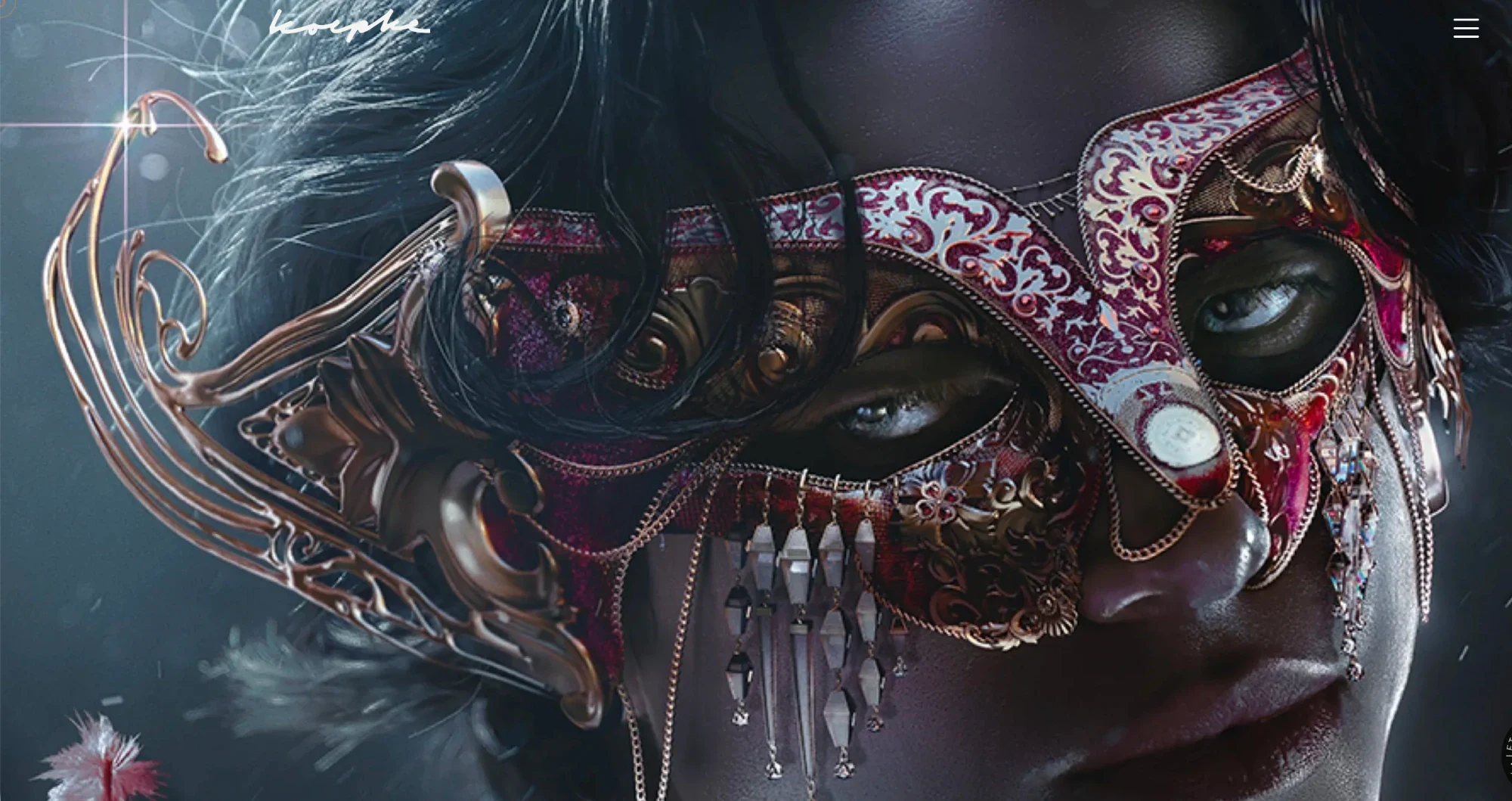 Portrait wearing the 3D mask among red feathers