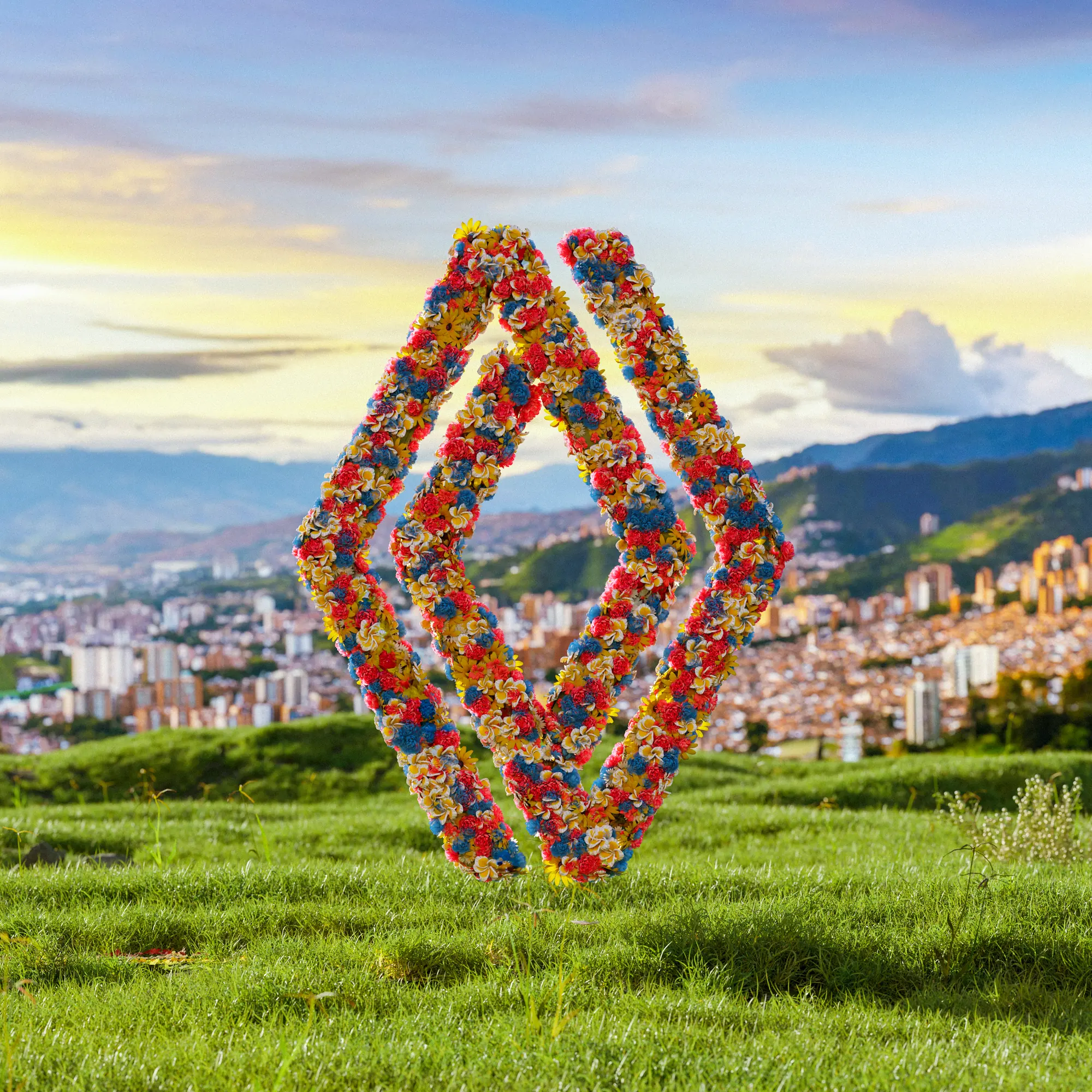 Renault diamond made of flowers at sunset