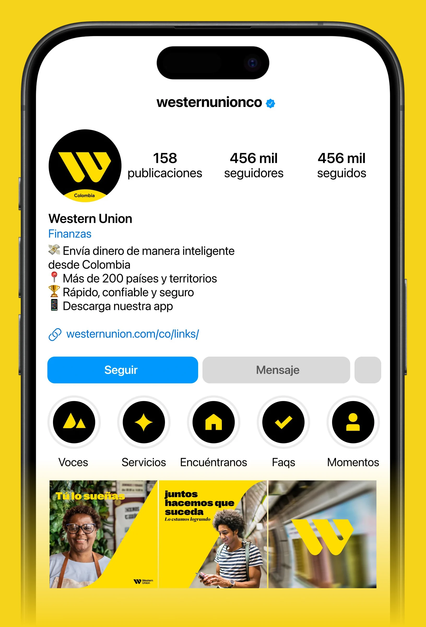 Perfil de Instagram de Western Union Colombia