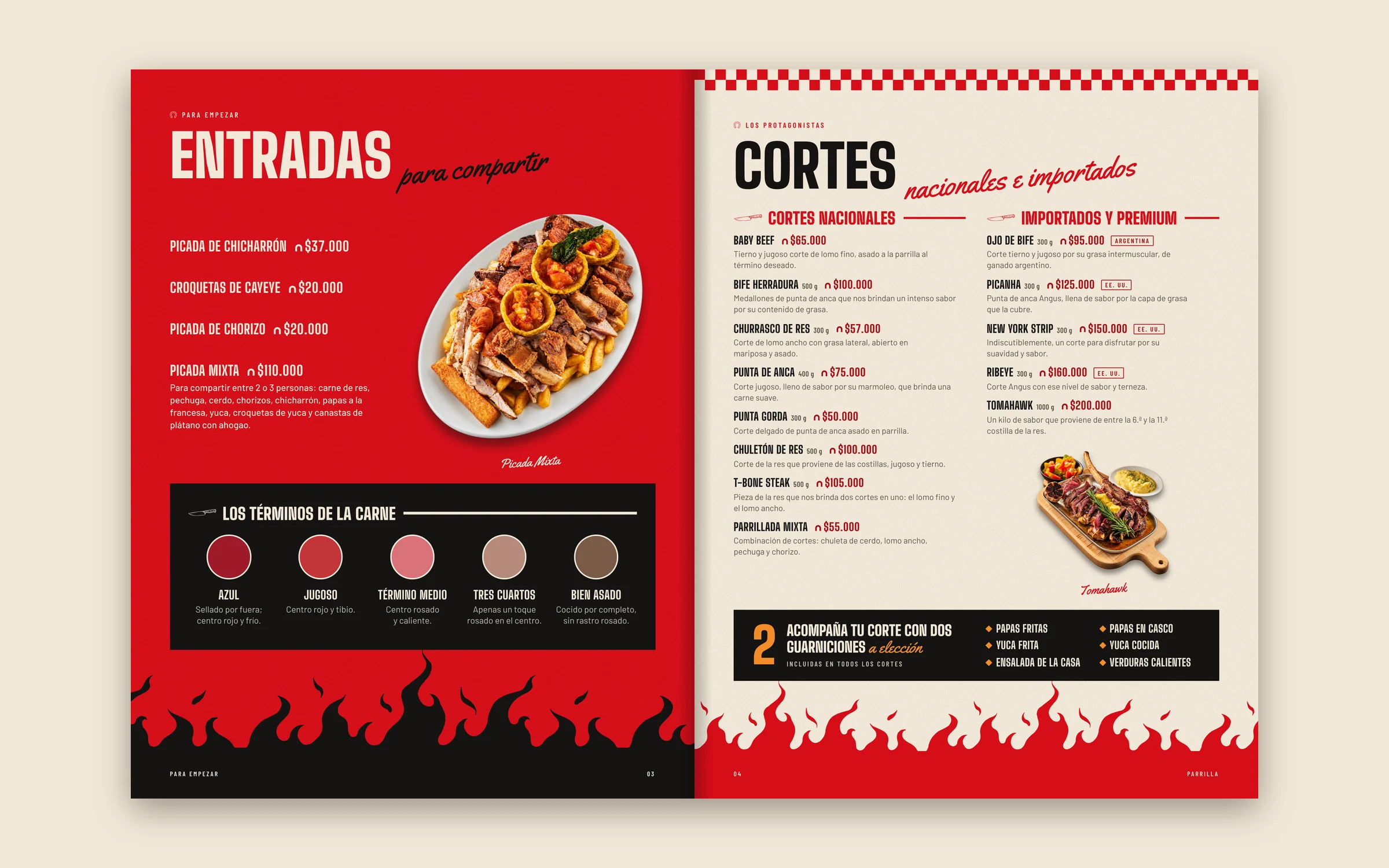 Printed menu: starters and cuts