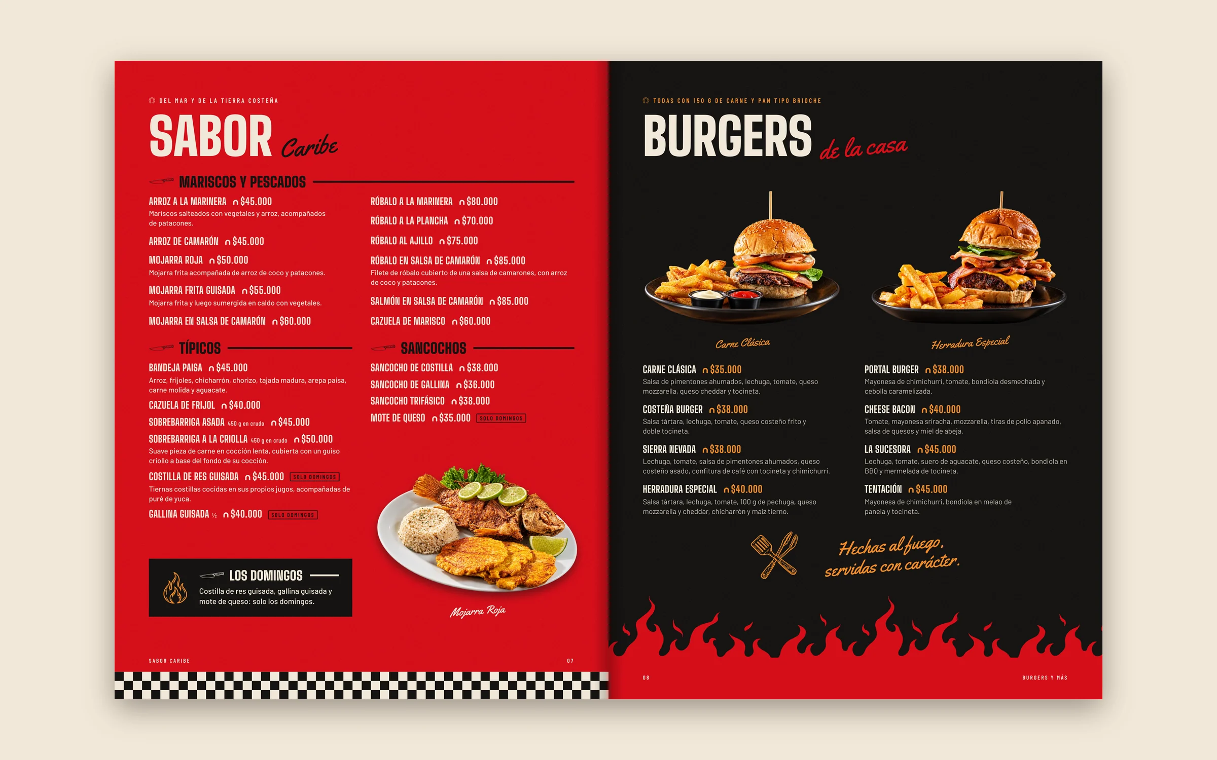 Printed menu: Caribbean flavors and burgers