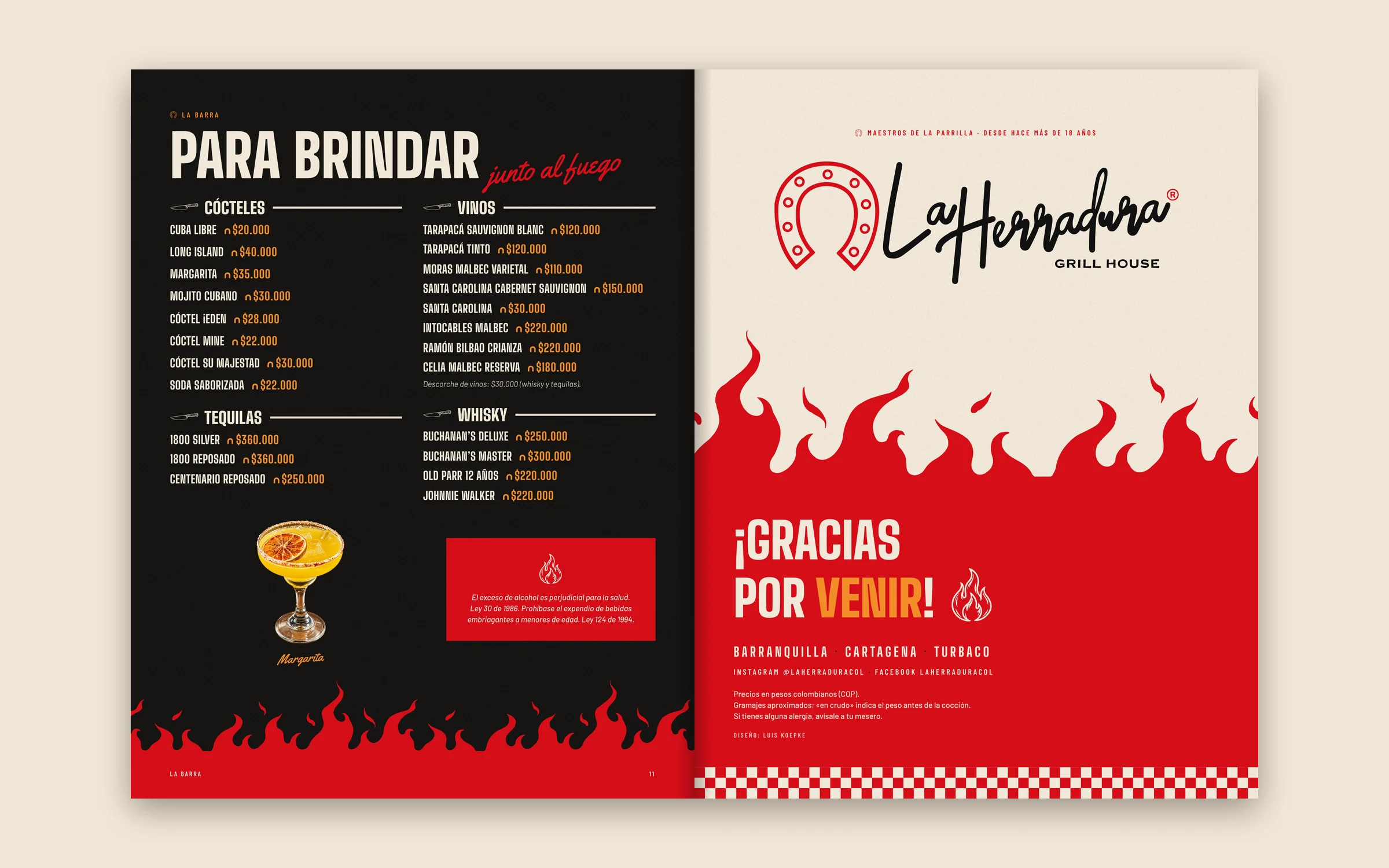 Printed menu: bar and back cover
